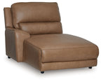 Caramel press-back power chaise with high backrest, smooth arms, and cushioned chaise seat