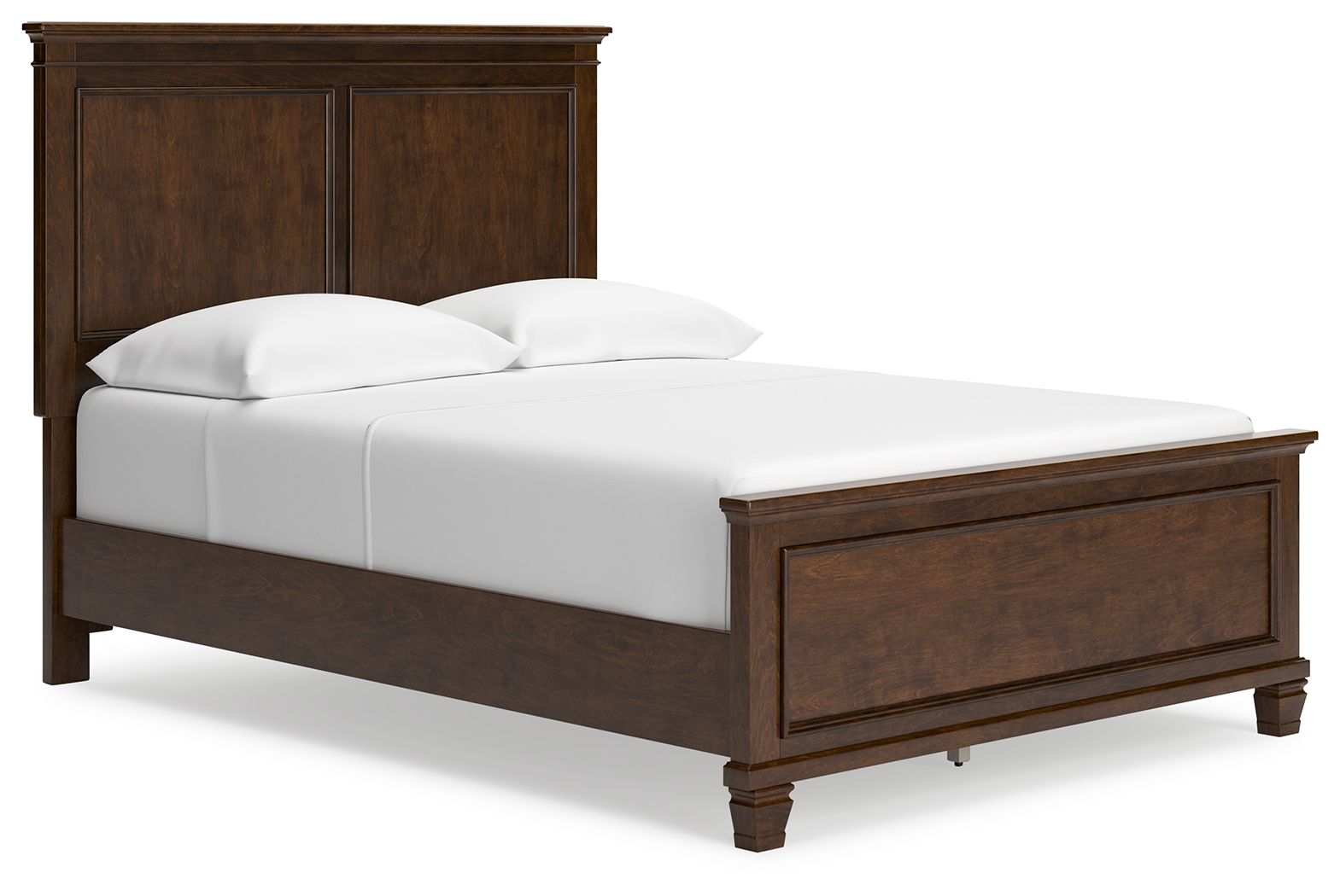 Dark brown panel bed with white mattress and two pillows, front-right angle.