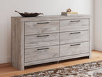 Six-drawer dresser in light gray wood with six drawers and dark bar pulls.
