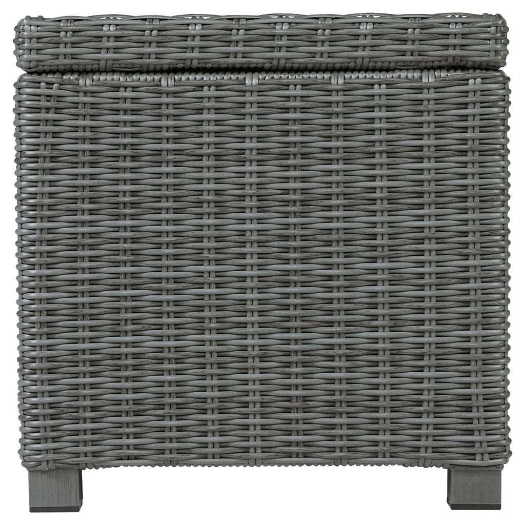 Gray wicker square end table with woven back panel and sturdy legs