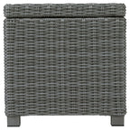 Gray wicker square end table with woven back panel and sturdy legs