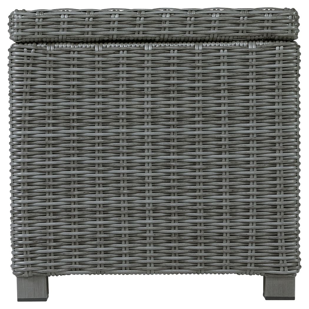 Gray wicker square end table with woven back panel and sturdy legs