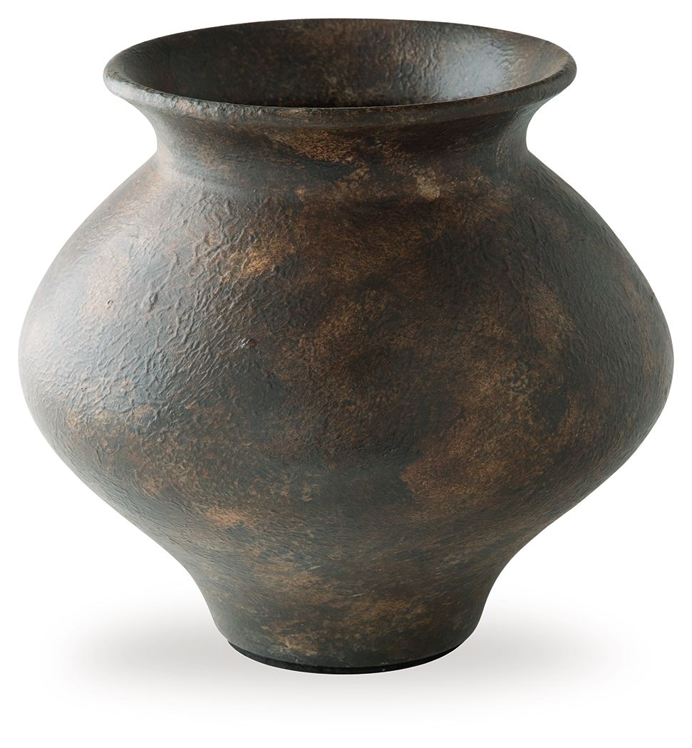 Antique brown metal vase with rounded belly and flared rim
