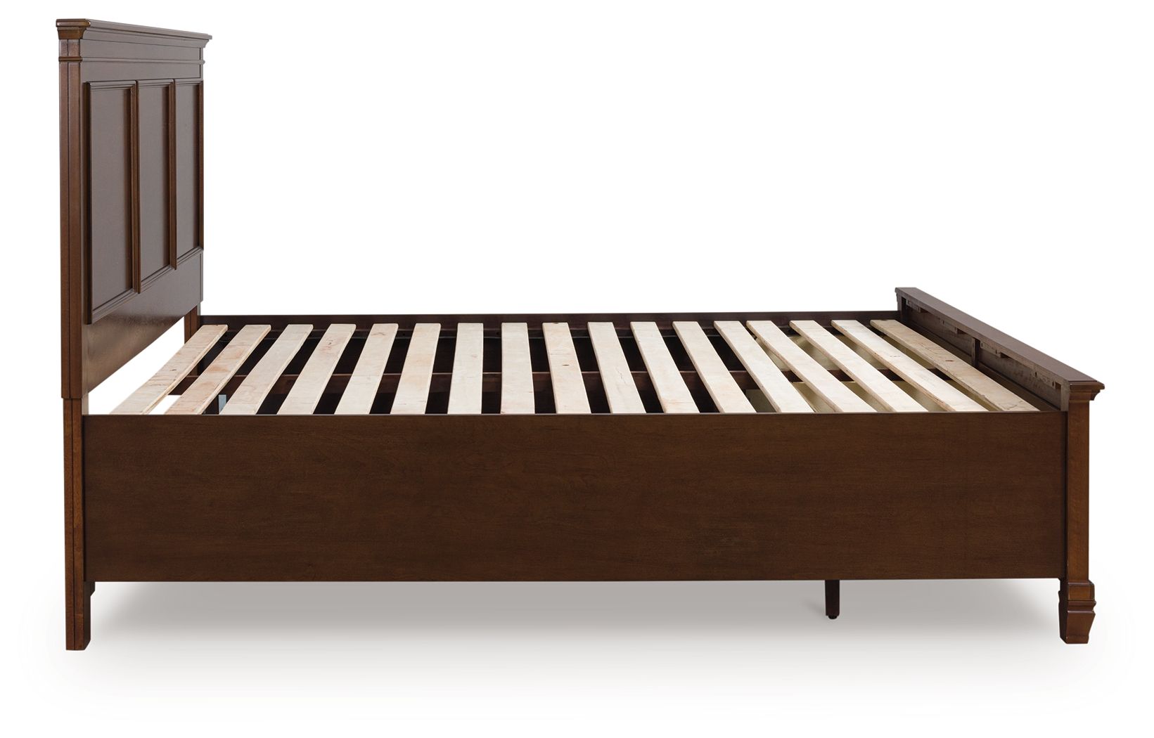 Dark brown panel bed base with slatted support and side posts