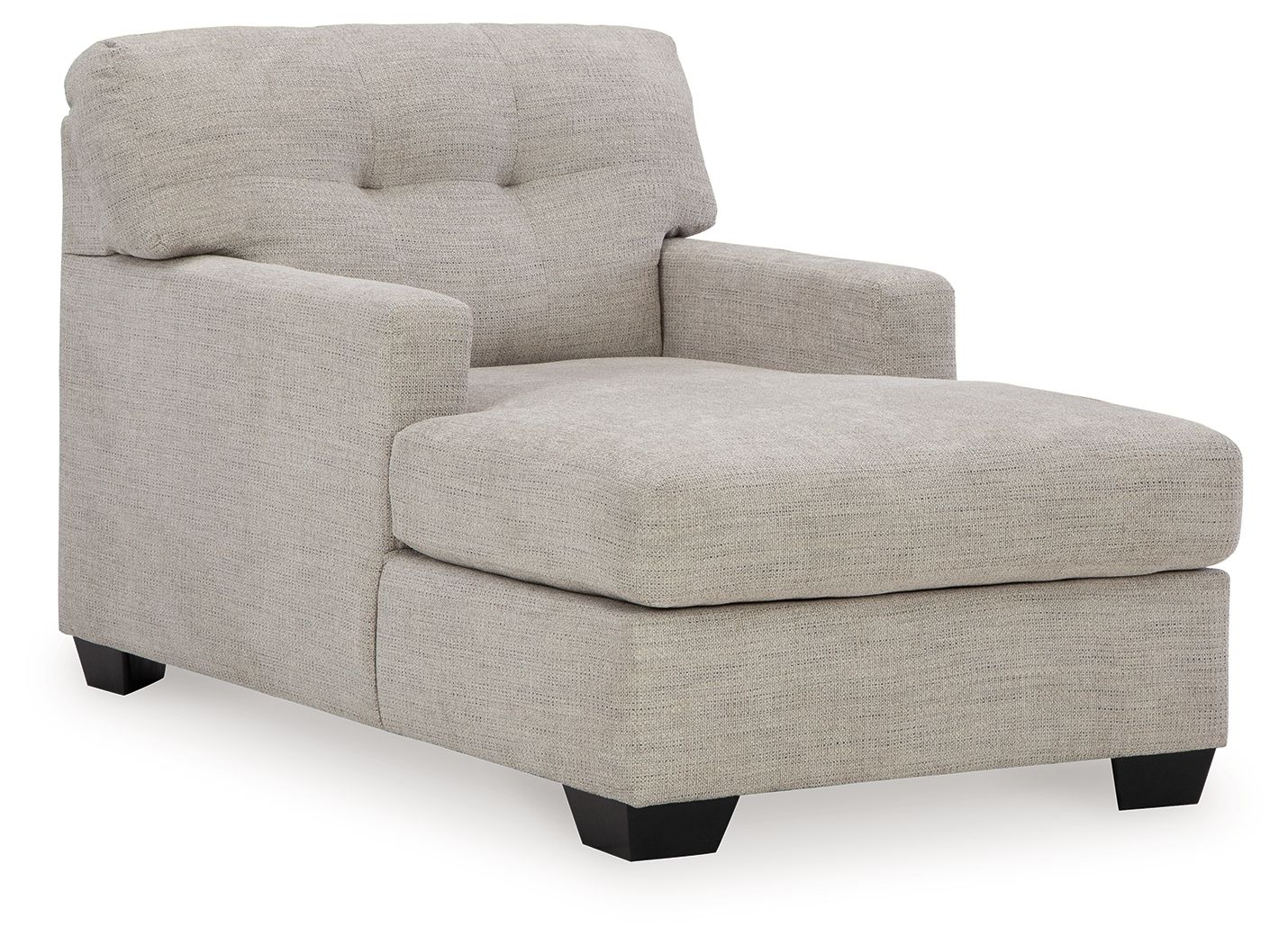 Upholstered chaise chair in pearl silver with tufted back, track arms, and black feet