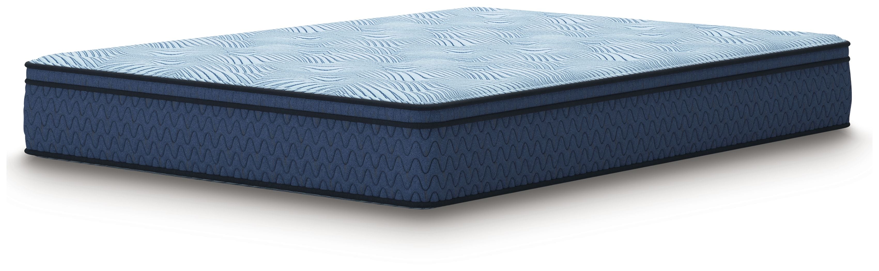 Blue hybrid mattress with quilted top and dark base edge