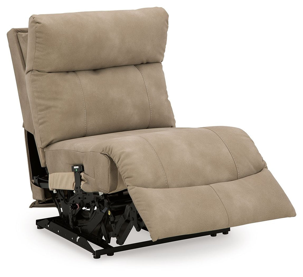 Sand power armless recliner with adjustable headrest, footrest extended, side view