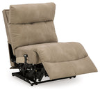Sand power armless recliner with adjustable headrest, footrest extended, side view