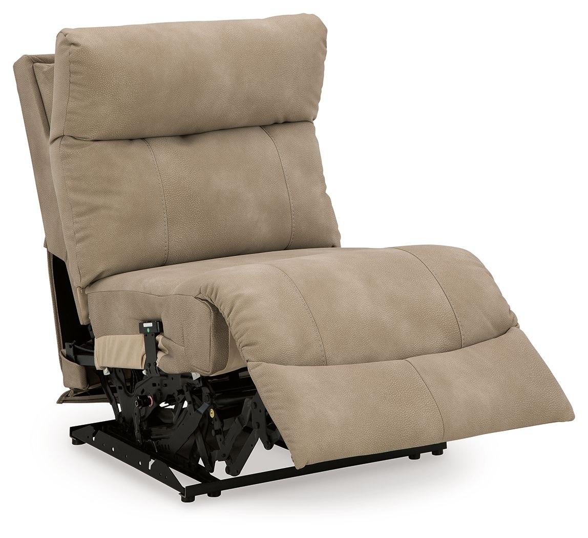 Sand power armless recliner with adjustable headrest, footrest extended, side view