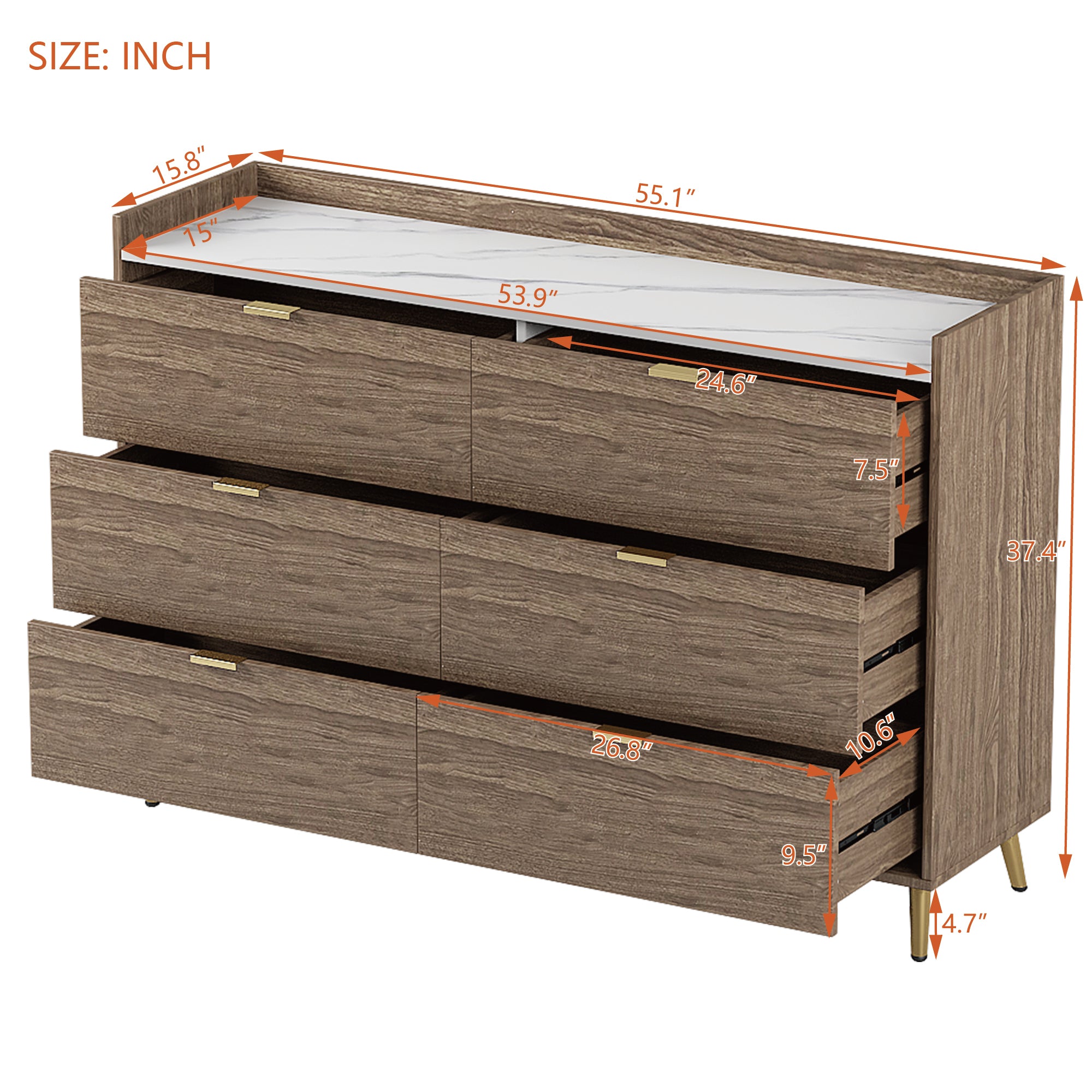 55" 6-Drawer Dresser Marbling Top Walnut
