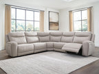 Gray power reclining sectional sofa with corner chaise and open recliner seat cushion