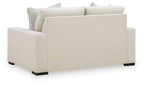 Angled linen loveseat with three back pillows, two seat cushions, dark legs