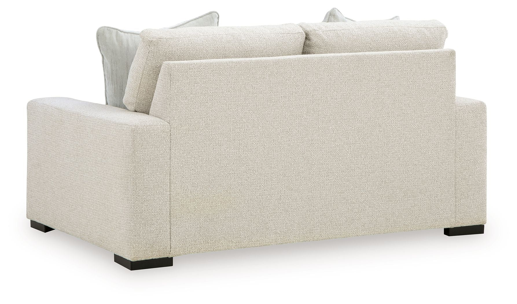 Angled linen loveseat with three back pillows, two seat cushions, dark legs