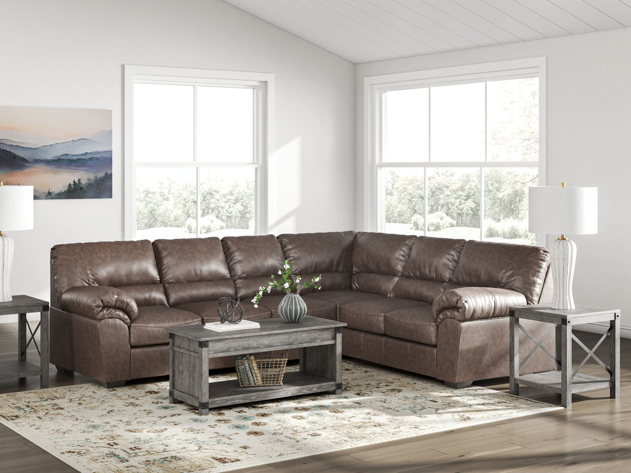 Upholstered sectional sofa with tufted seating and rolled arms, dark brown fabric