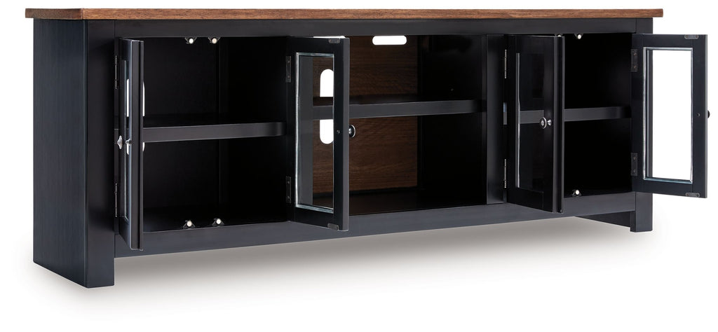 Black TV stand with open center and hinged doors, adjustable interior shelves