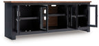 Black TV stand with open center and hinged doors, adjustable interior shelves