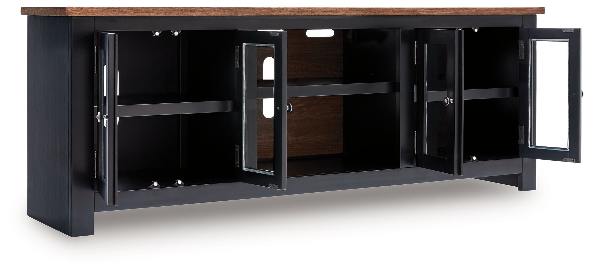 Black TV stand with open center and hinged doors, adjustable interior shelves