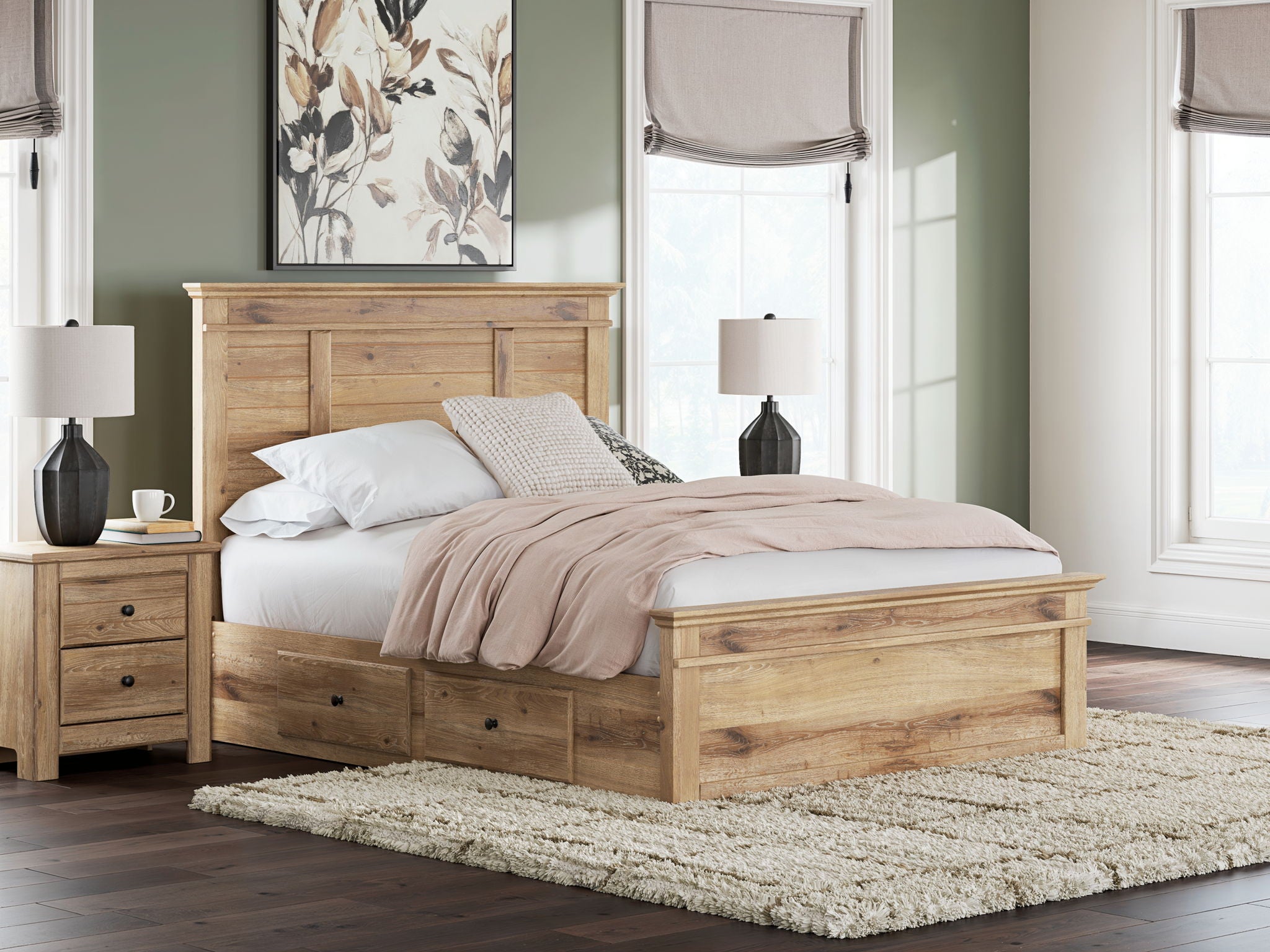 Light brown panel storage bed with side drawers and slatted headboard.