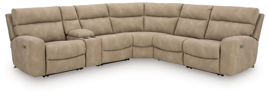 Beige sectional sofa with power recline seats and corner chaise section