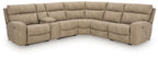Beige sectional sofa with power recline seats and corner chaise section