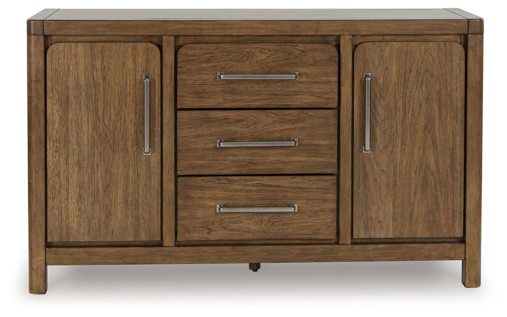 Dining room server with two cabinet doors and three drawers, vertical wood grain, light brown