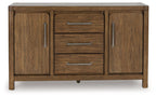 Dining room server with two cabinet doors and three drawers, vertical wood grain, light brown