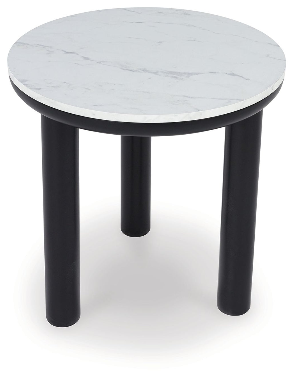 Round side table with white marble-look top and four black legs