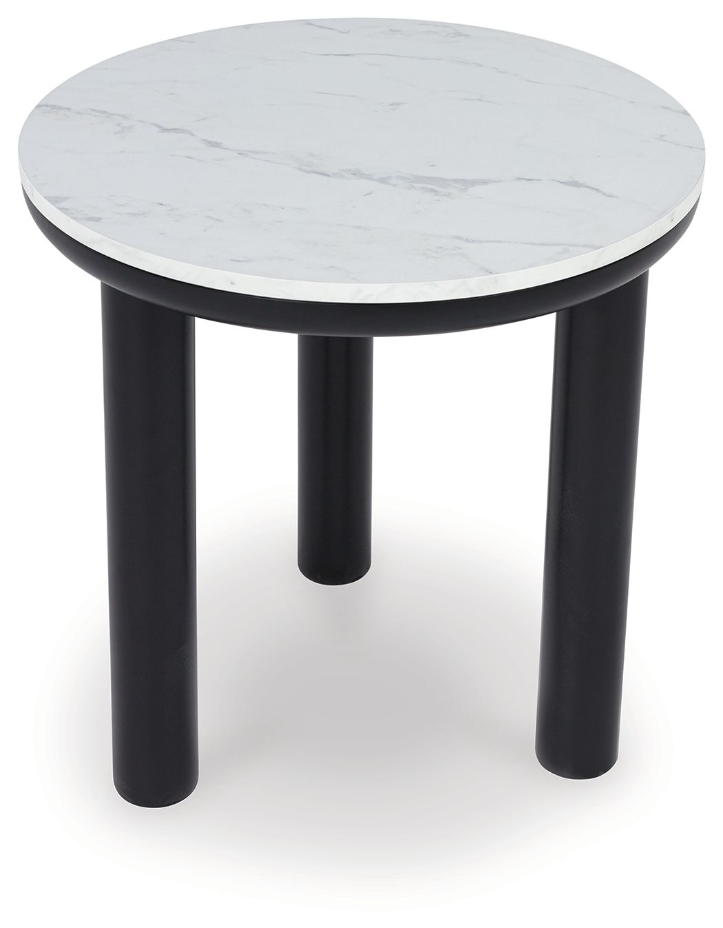 Round side table with white marble-look top and four black legs