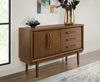 Brown dining room server with two doors and three drawers on four tapered legs.