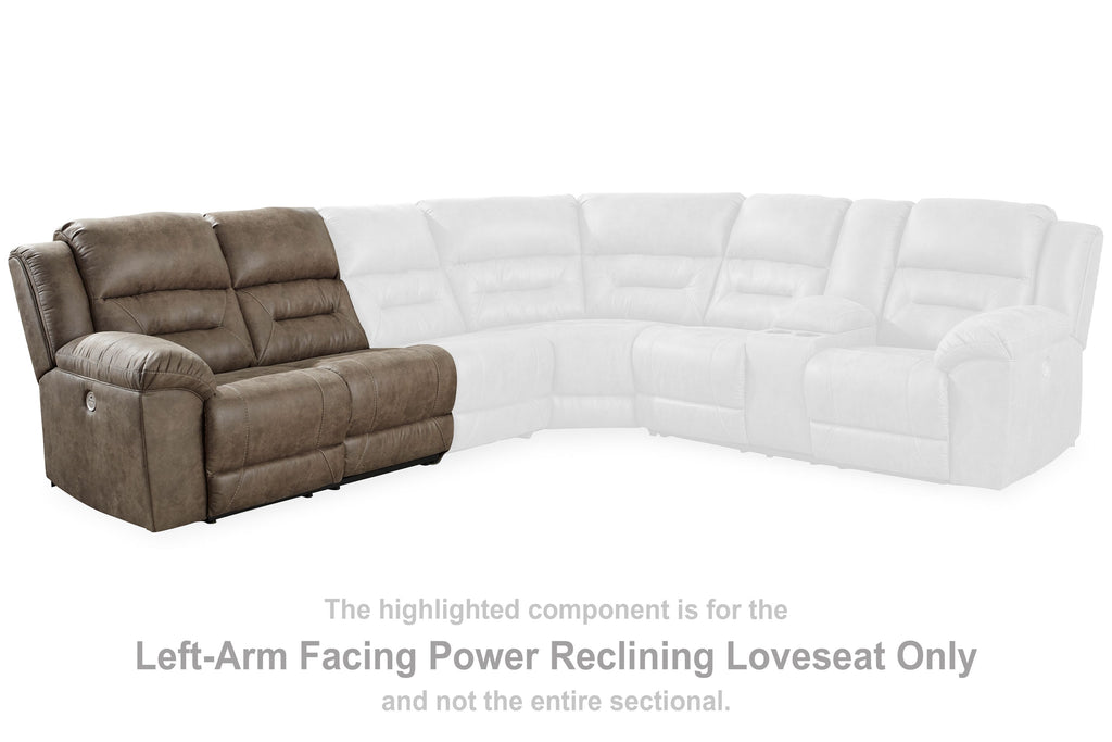Brown left-arm power reclining loveseat section with padded arm and seat