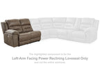 Brown left-arm power reclining loveseat section with padded arm and seat