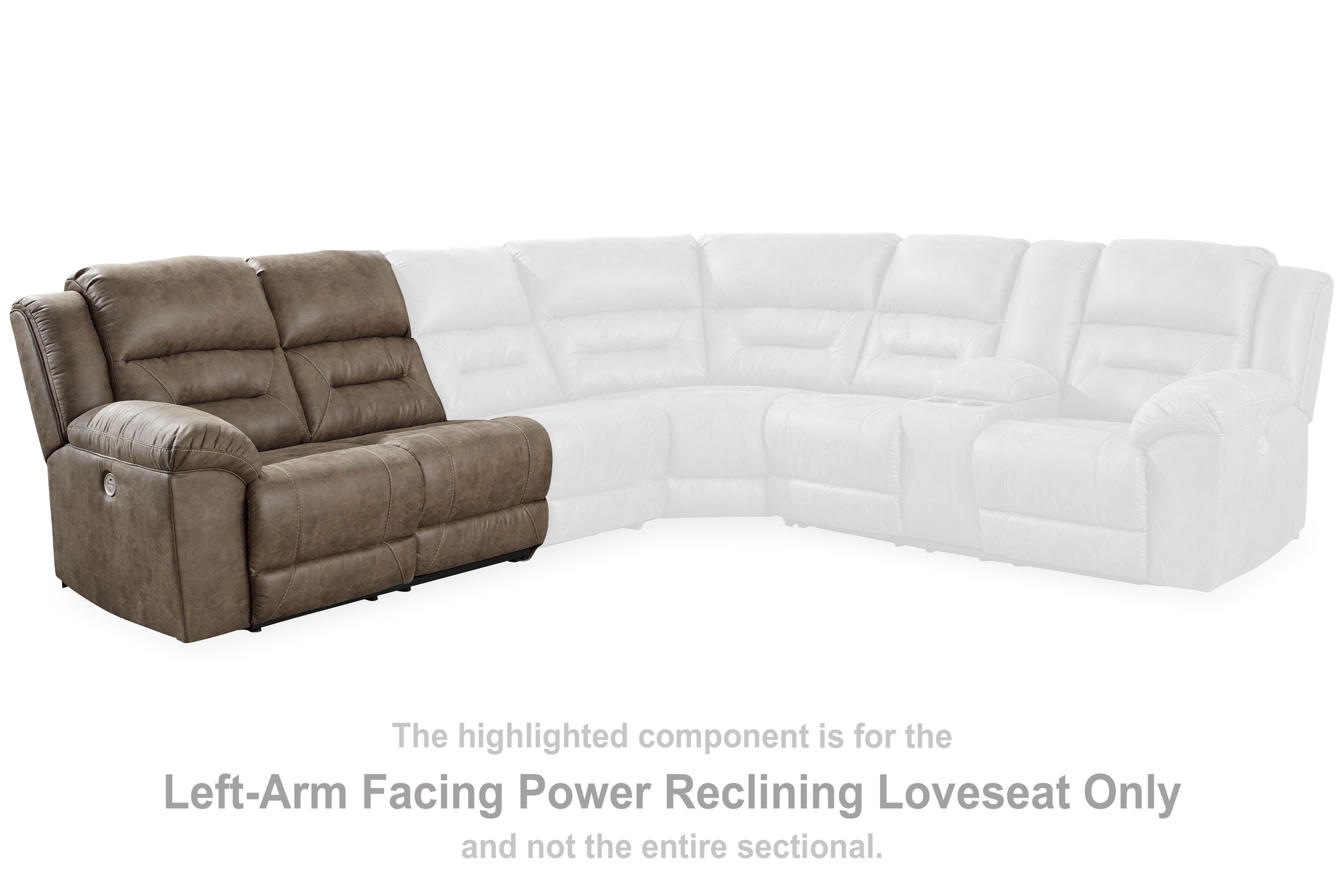 Brown left-arm power reclining loveseat section with padded arm and seat
