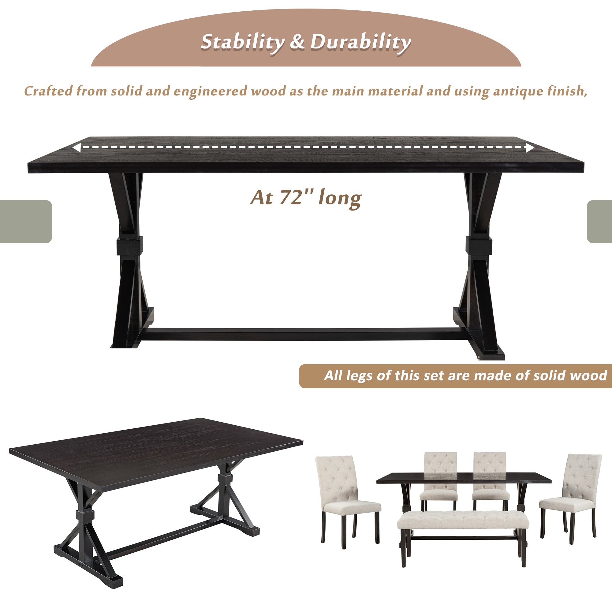 6-Piece Farmhouse Dining Set, 72" Table & Bench