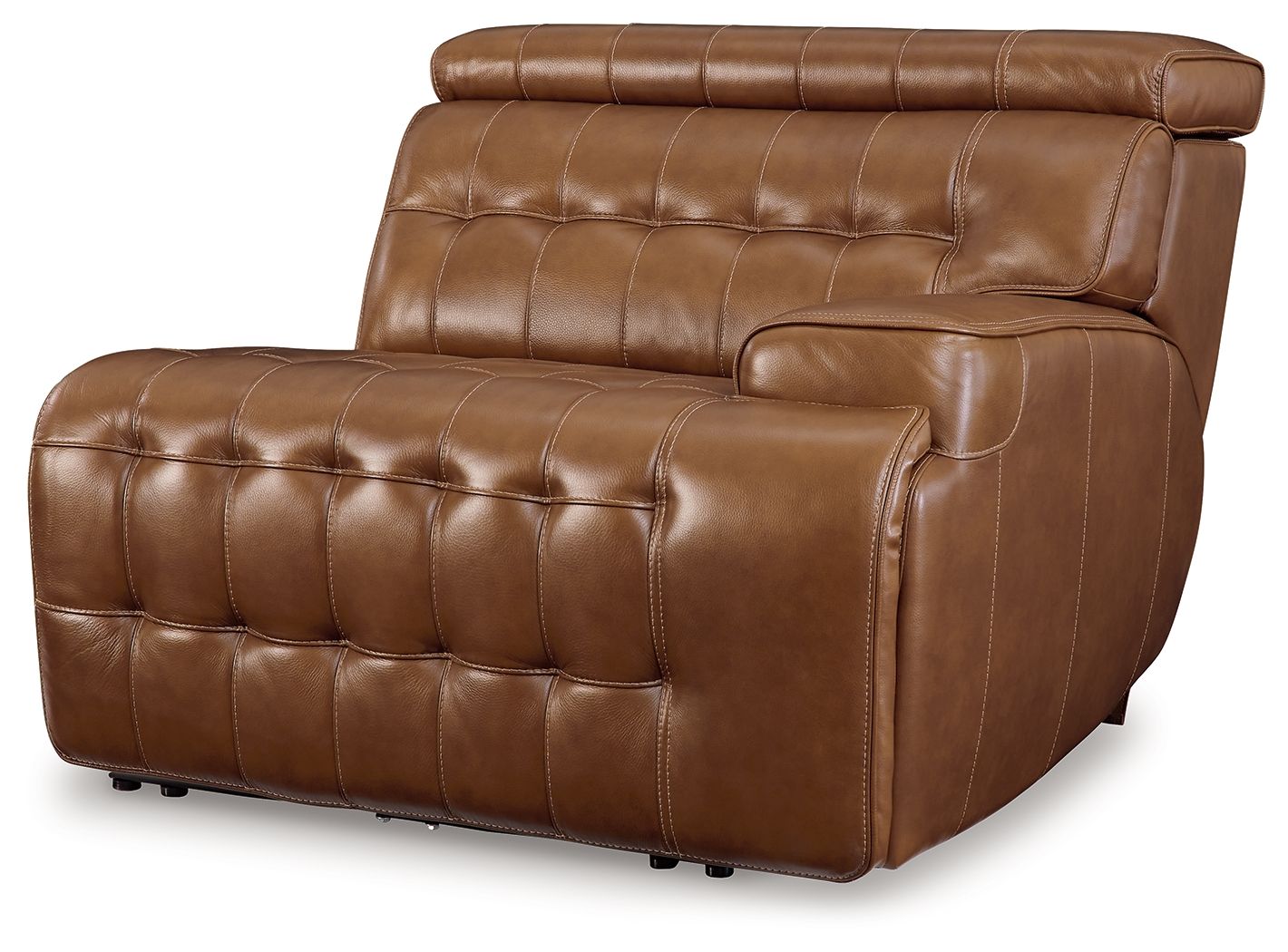 Chocolate brown power recliner with deep seat, padded arms, and stitched panels