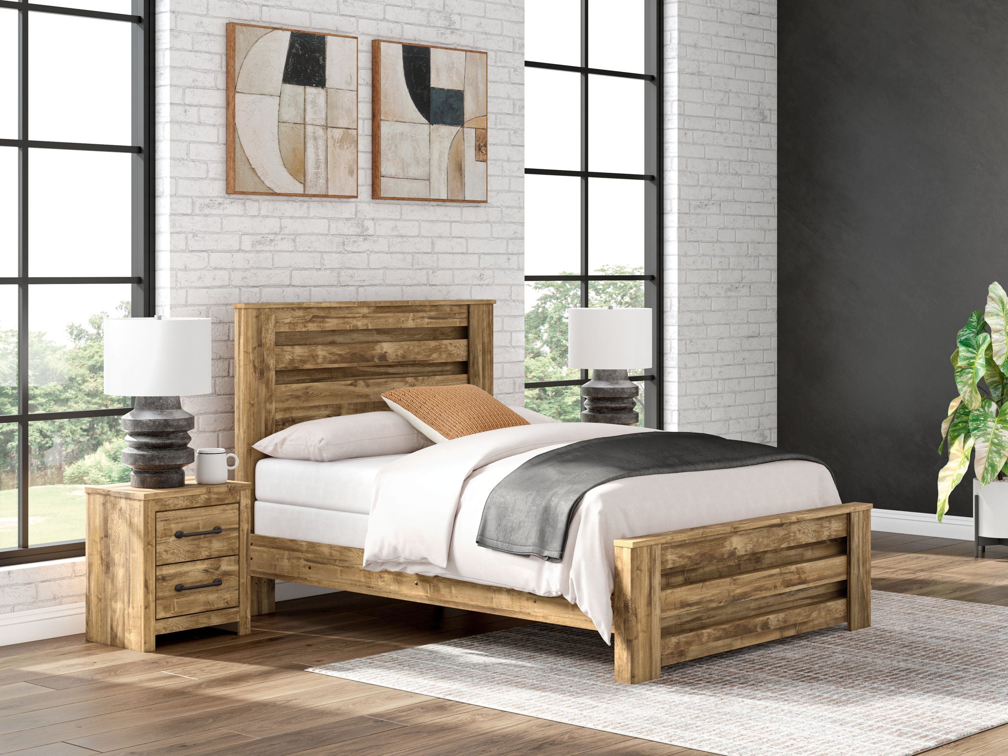Light brown panel bed with tall paneled headboard, white bedding and gray throw