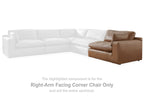 Caramel brown corner chair component with padded seat, backrest, and right arm