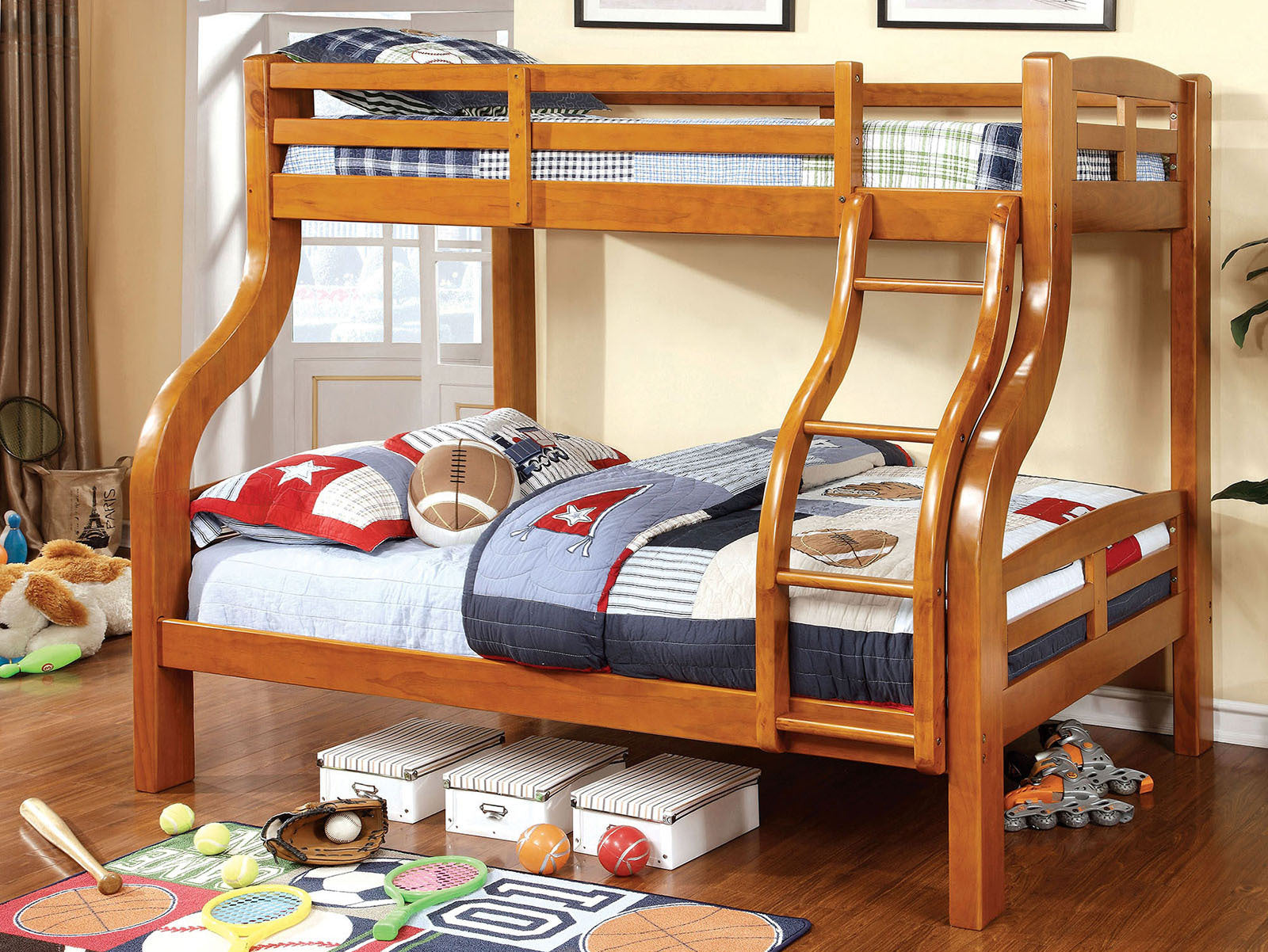 Oak Finish Transitional Twin Over Full Bunk Bed Angled Ladder