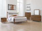 Upholstered bed with grey fabric headboard and dark brown wood frame, full view