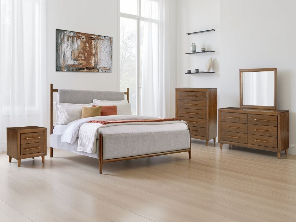 Upholstered bed with grey fabric headboard and dark brown wood frame, full view