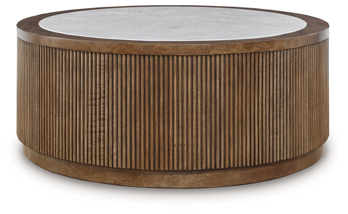 Round side table with light brown wooden base and gray circular top.