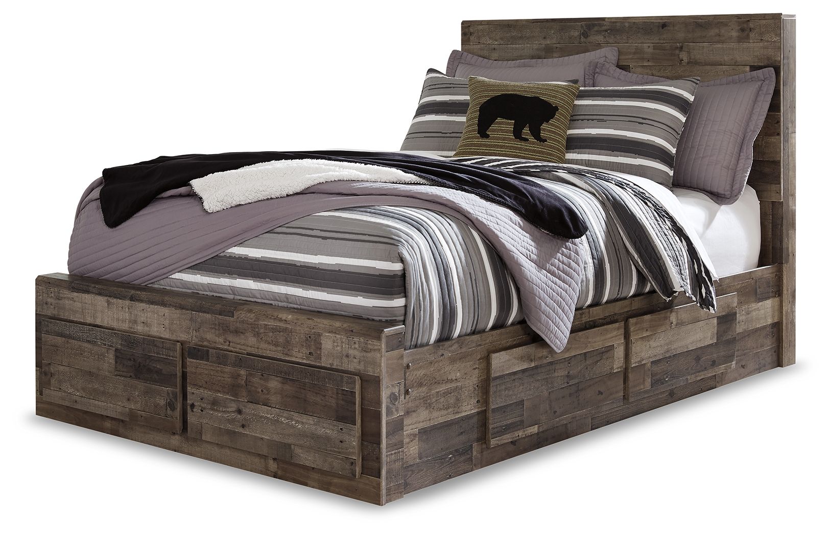 Dark gray panel bed with striped bedding and multiple pillows, front three-quarter view