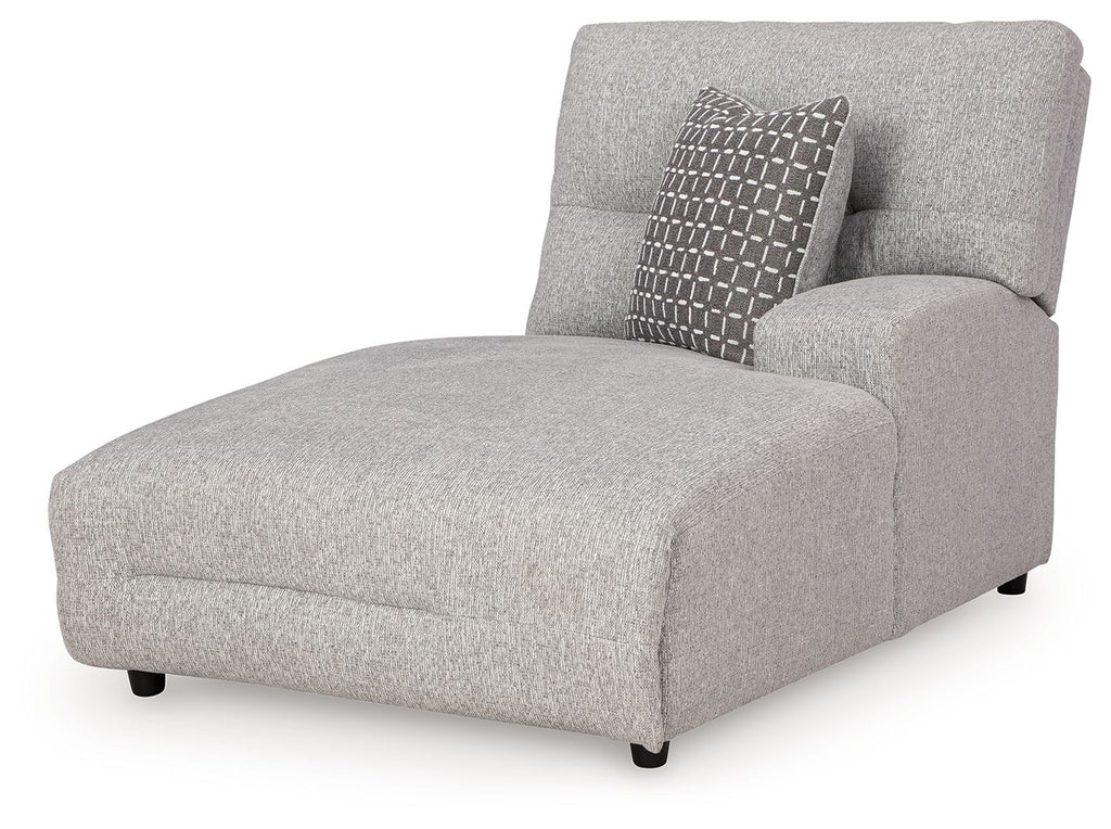 Pewter fabric power reclining back chaise with square arm and patterned pillow