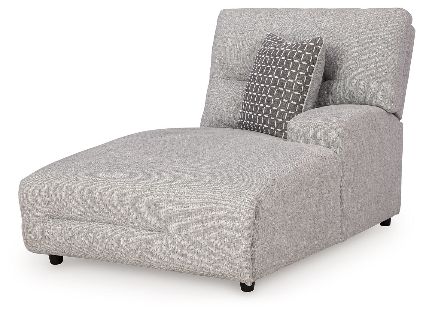 Pewter fabric power reclining back chaise with square arm and patterned pillow