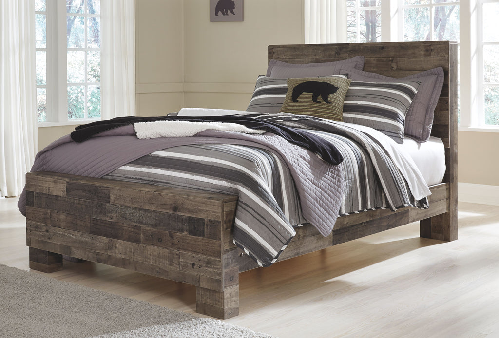 Derekson youth panel bed frame, dark gray woodgrain finish with panel headboard