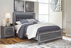 Gray queen bed frame with panel rails, upholstered headboard and footboard