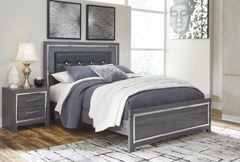 Gray panel queen footboard with silver-toned frame and open side view