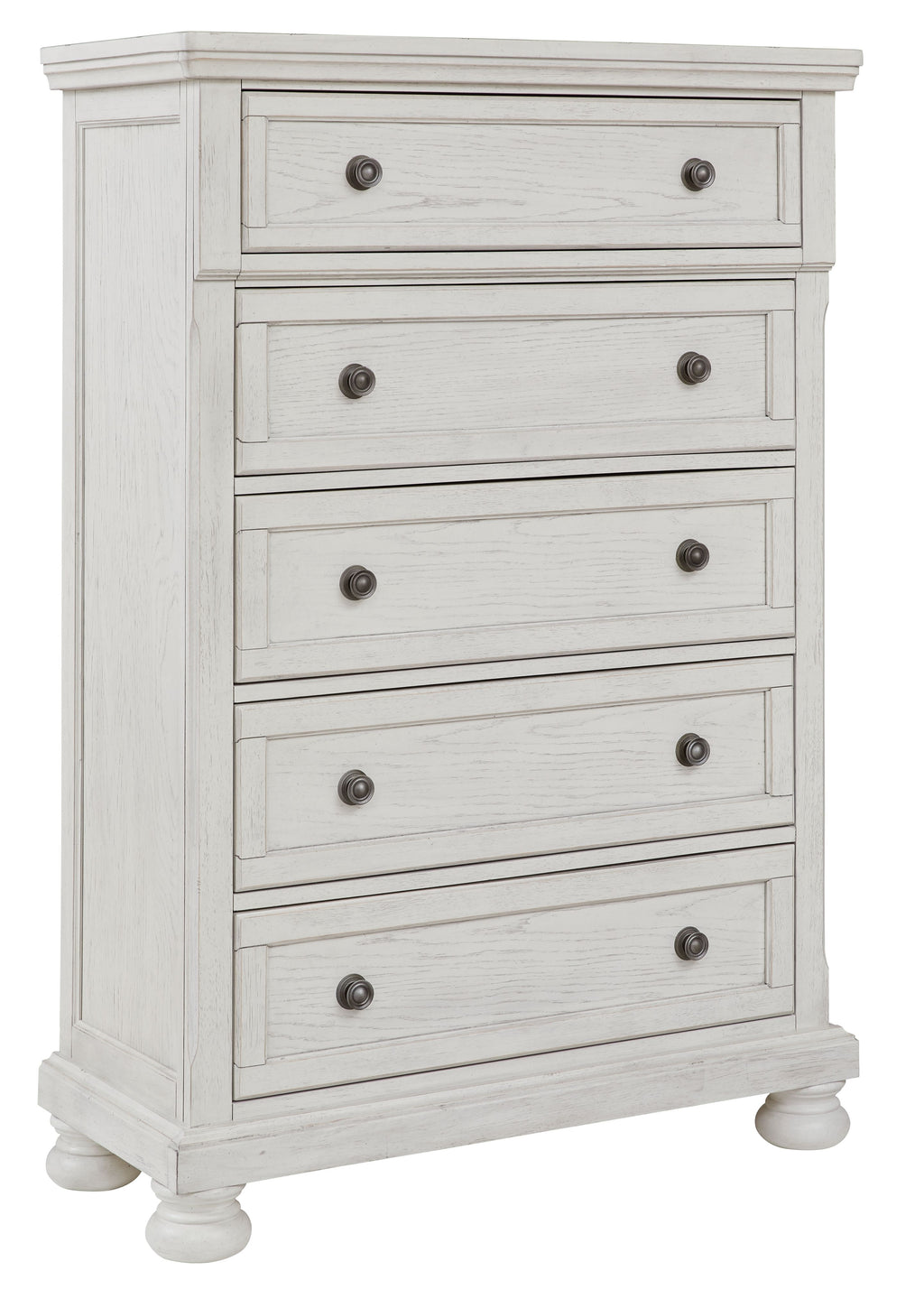 Antique white five-drawer chest with four visible bun feet and round knob pulls