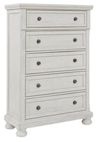 Antique white five-drawer chest with four visible bun feet and round knob pulls