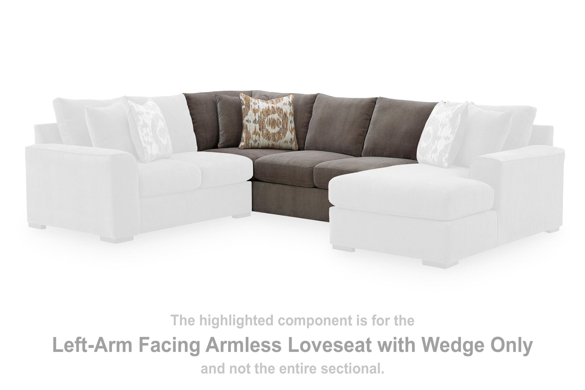 Dark gray armless loveseat wedge with white adjacent seats, back cushions and pillows