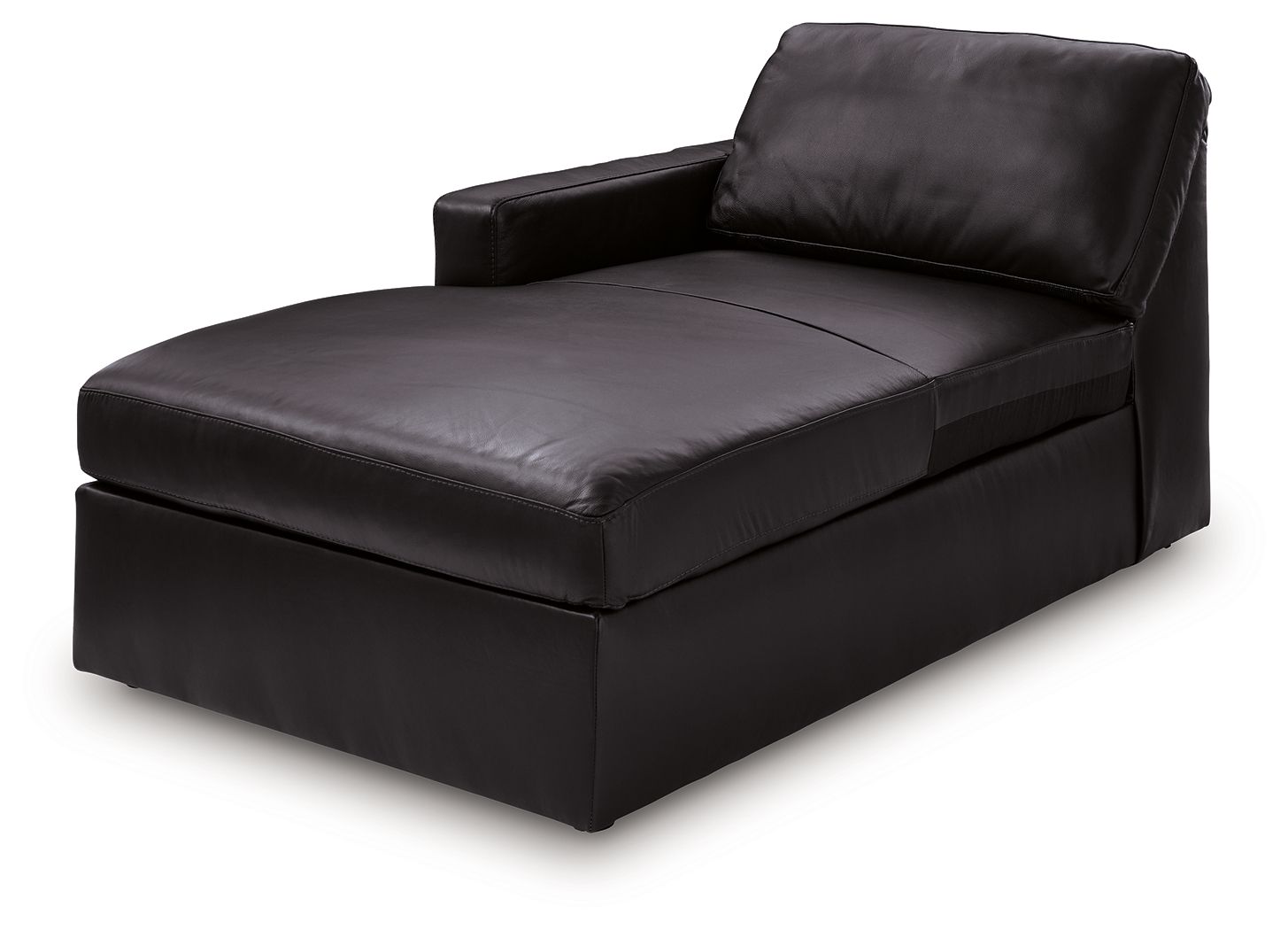 Black chaise with wide seat, padded backrest, squared arms, smooth upholstery